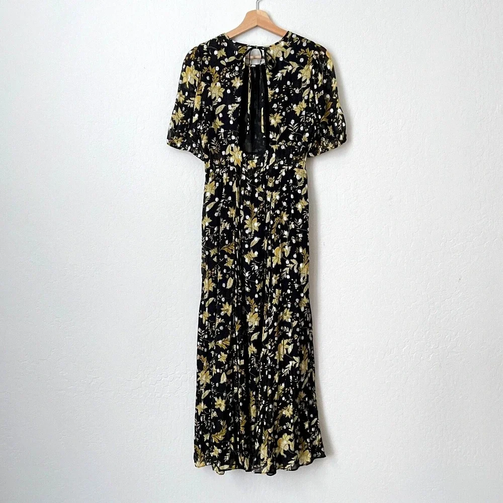 NWT $298 J.Crew Open-Back Metallic Clip-Dot Black Maxi Dress Golden Floral Sz 10